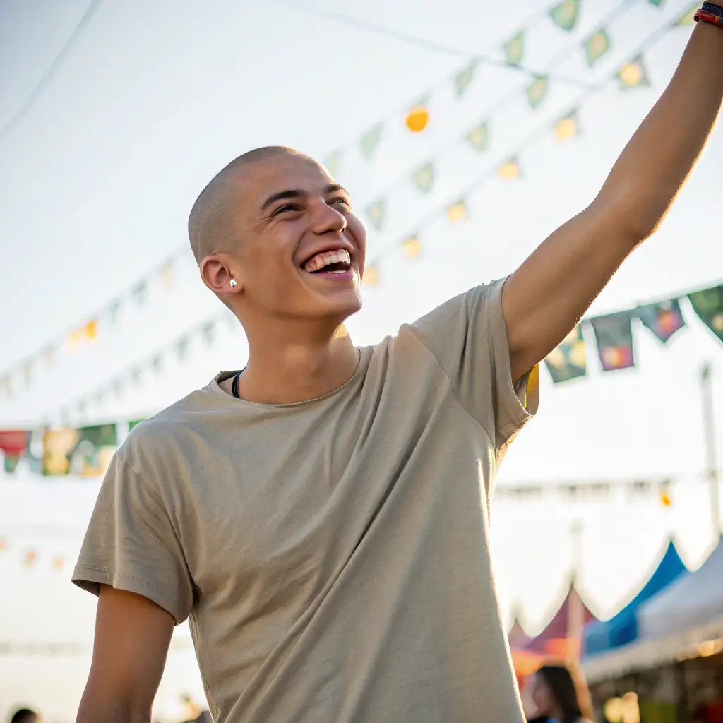 Farai is a young man with a shaved head, wearing a t-shirt with a musical note design.