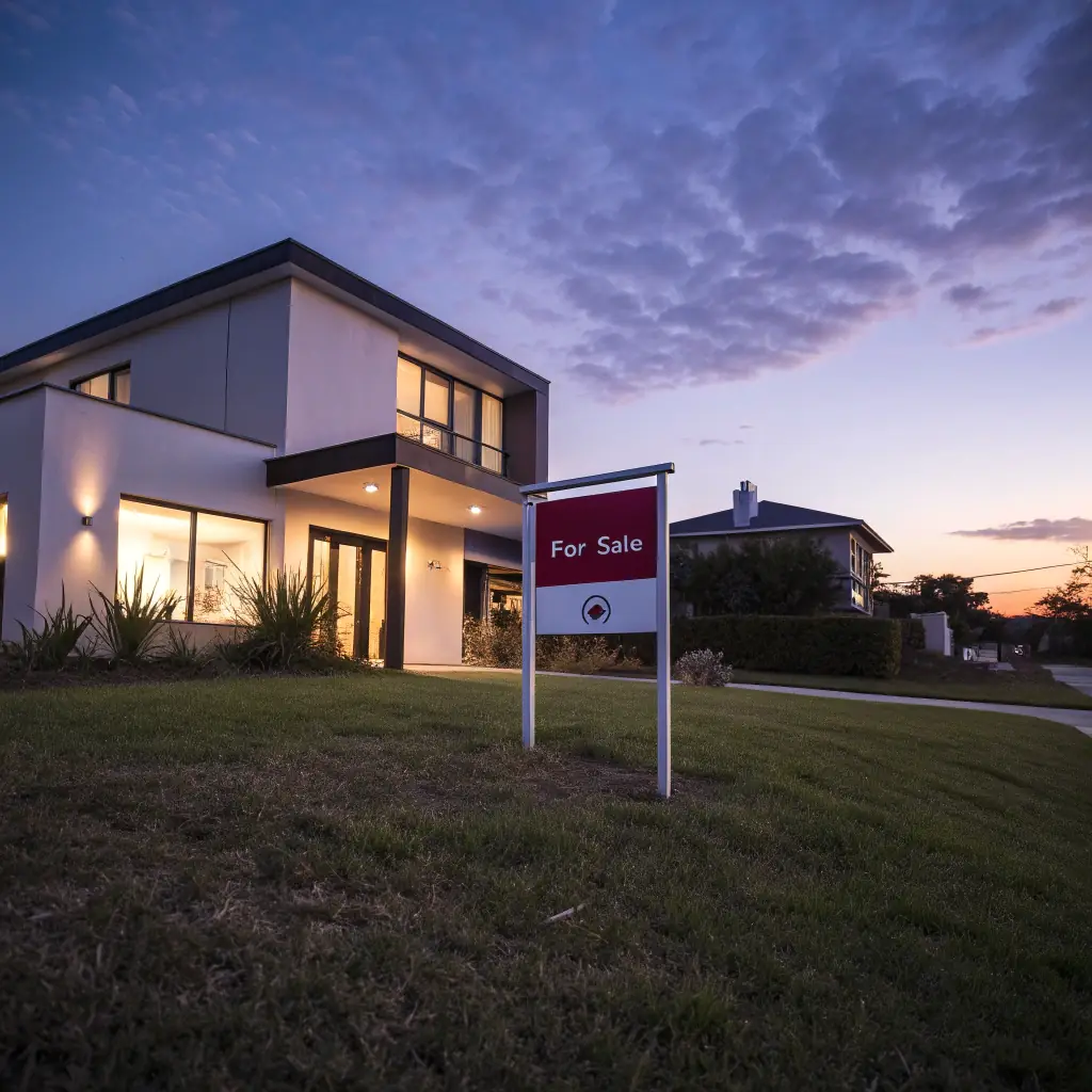 A modern, upscale home exterior at sunset, showcasing a 'For Sale' sign with the Rebate Texas logo subtly placed. The image should convey trust, quality, and the dream of homeownership.