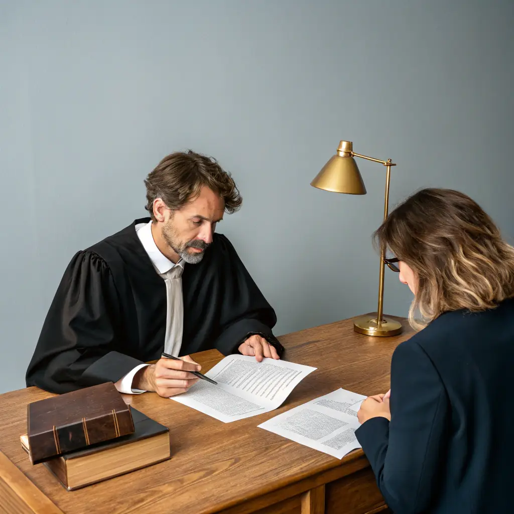 A lawyer reviewing property documents in a well-lit office, emphasizing attention to detail and legal expertise. The setting should convey trust and professionalism, suitable for a legal services website.