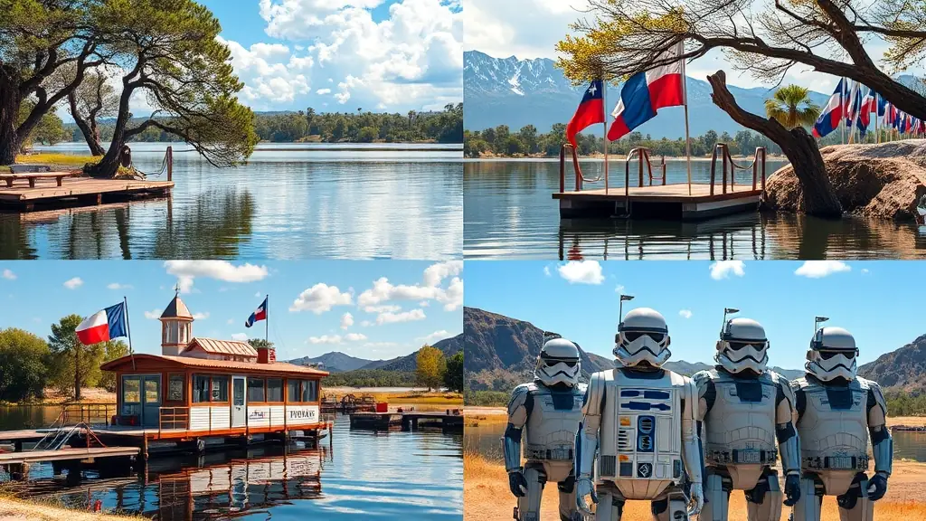 A vibrant collage of four dynamic slides showcasing a Texas Bunker Meeting on Knights Bluff in Atlanta State Park, with a view of the lake, Texas flags on a dock, OmegaQube houseboat near Knights Bluff, and featuring R2-D2, ORM Gurus, and the AI Robot Team, all set against the scenic backdrop of the lake and the historic Texas landscape.