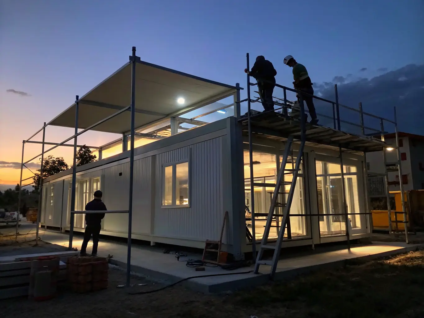 A high-angle shot of a modern modular building being constructed, showcasing the integration of MagNXT MgO panels in the walls and floors. The image emphasizes the clean lines and efficient construction process, with a focus on the fire-resistant properties of the panels.