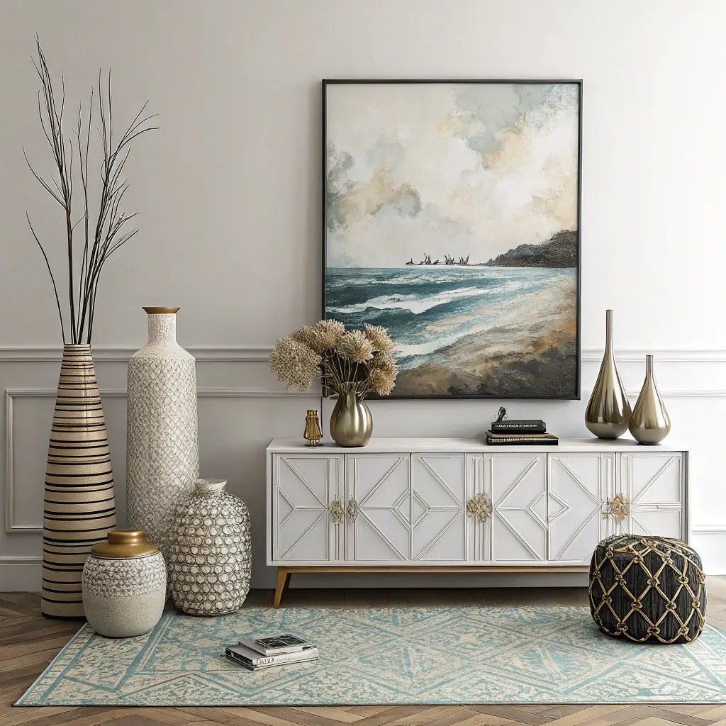 A vibrant display of canvas prints and posters featuring famous paintings by Van Gogh and Monet, arranged in a modern living room setting. Some vintage t-shirts with art prints are neatly folded on a nearby table.