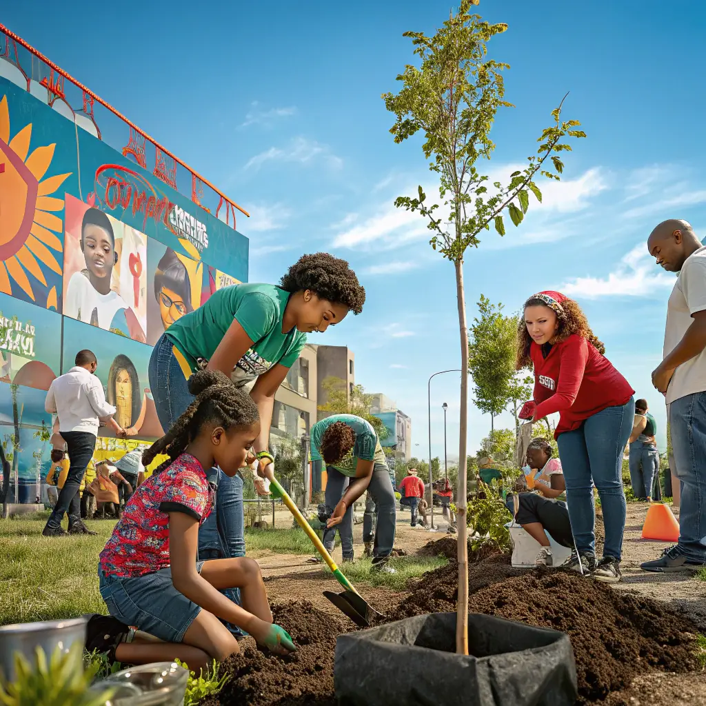 An inspiring image depicting a diverse group of individuals engaged in community activities, symbolizing empowerment and collaboration, to be used in the Vision section of the Festra website.