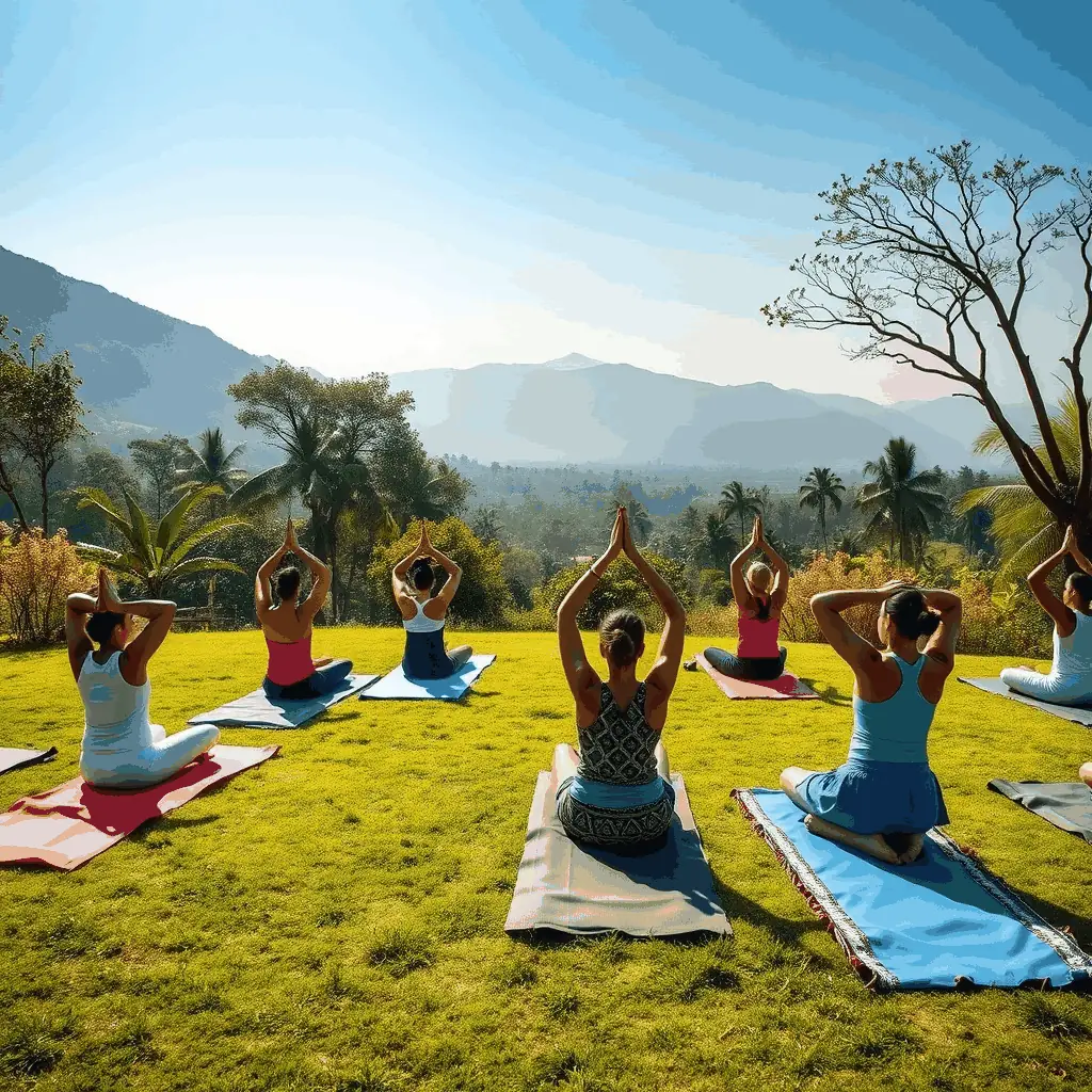 A serene image of participants meditating in a lush, green yoga retreat setting in India, with a focus on natural light and peaceful ambiance. The image should convey a sense of tranquility, exclusivity, and spiritual depth.