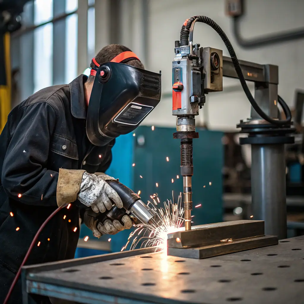 A high-angle, close-up shot of a worker expertly operating a wire mesh welding machine in a clean, modern Mutual Metal Co., Ltd. factory setting. The focus is on the precision and quality of the weld, with sparks flying and the worker wearing appropriate safety gear. The background is slightly blurred to emphasize the action.