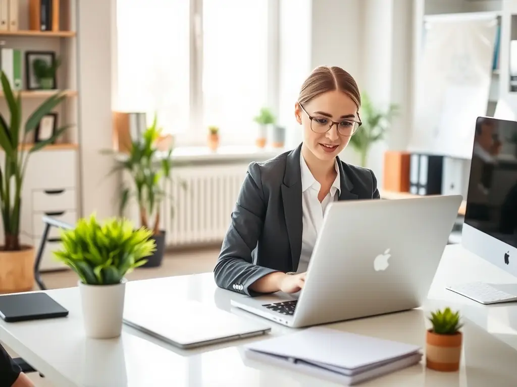 A professional virtual assistant working remotely at a modern desk, assisting with administrative tasks on a laptop, with a focus on efficiency and organization.
