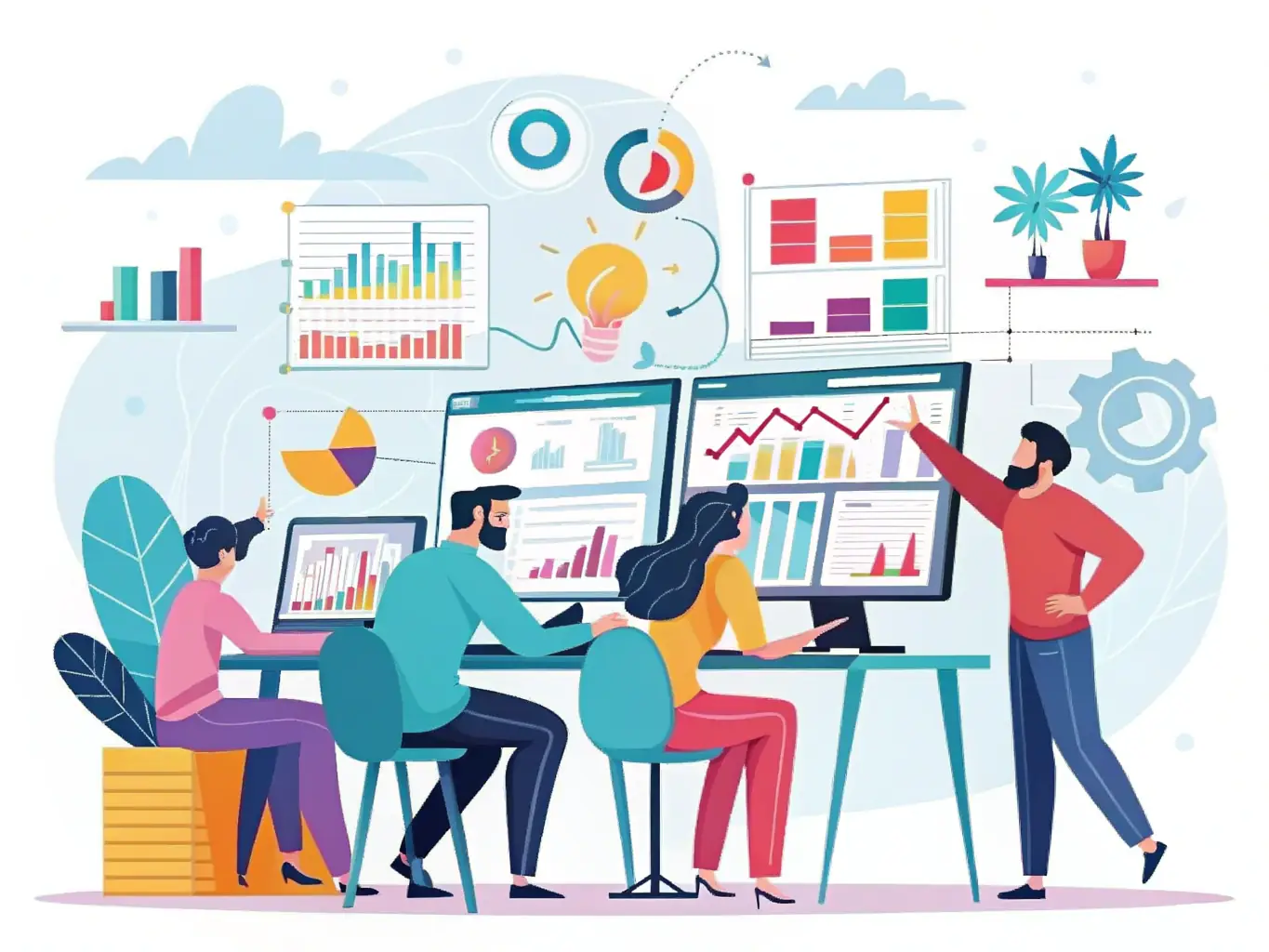 A web development team designing a responsive website layout on large monitors, with a focus on user experience and modern design principles.