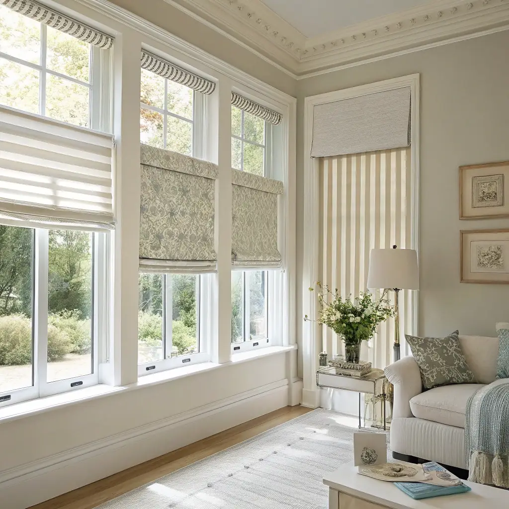 A professionally installed set of blinds in a modern living room, showcasing the clean lines and enhanced natural light. The image should convey a sense of quality and attention to detail, reflecting Blind Repair Tech & More's commitment to excellence.