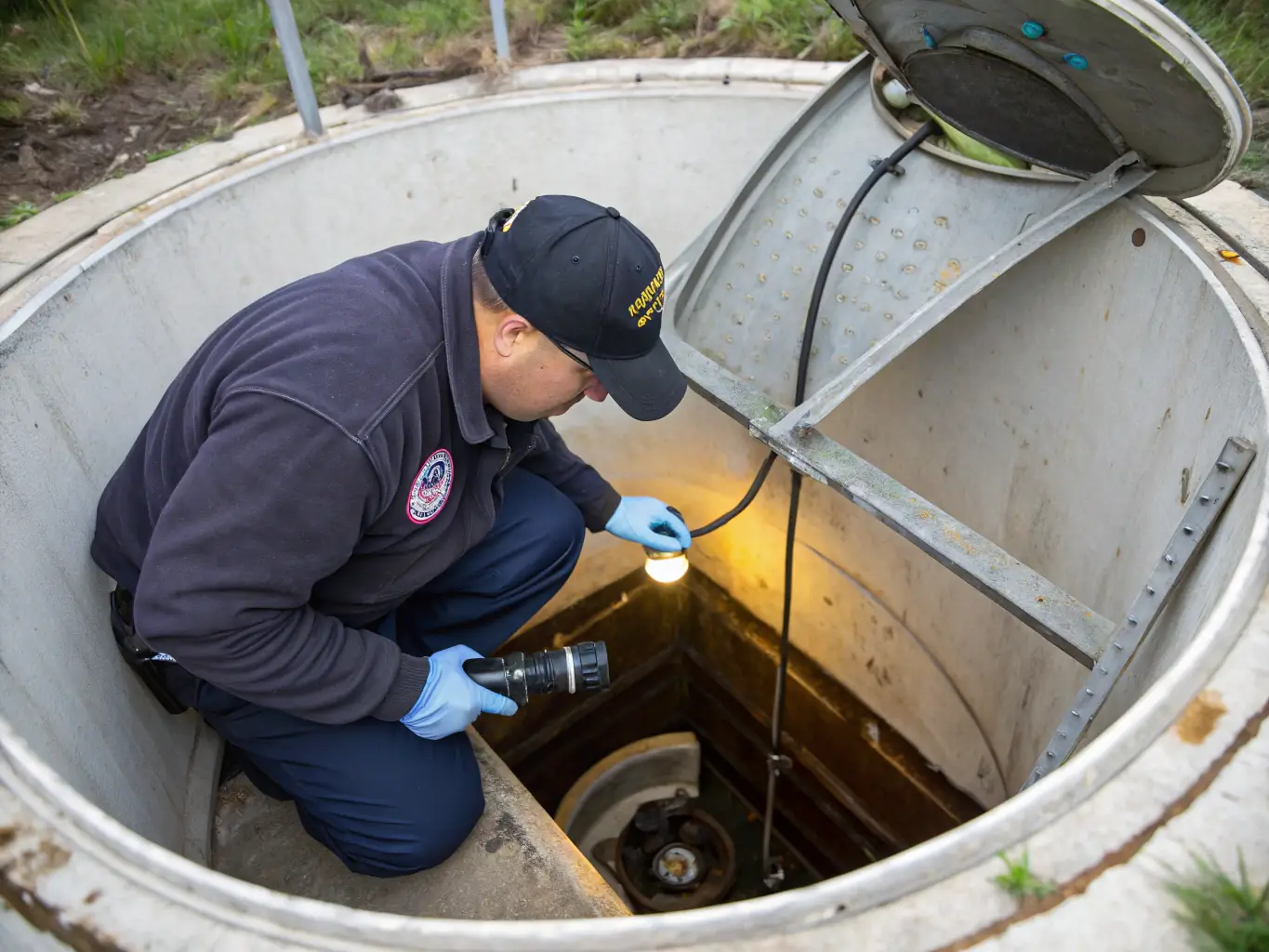 A septic tank being serviced by a professional, with visible components and surrounding landscape.