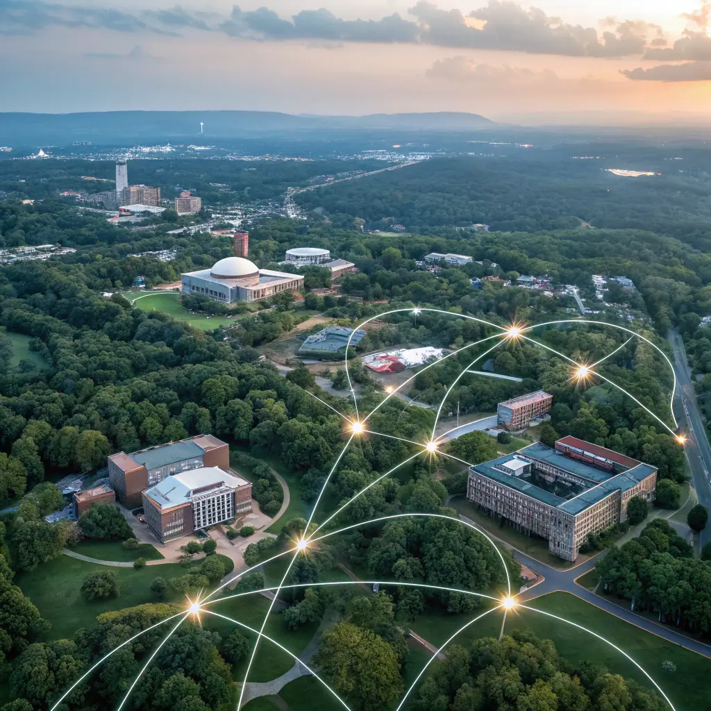 A visual representation of Tec de Monterrey's campus with overlaid graphics showcasing data streams and AI processing, symbolizing the automation of their collection process.