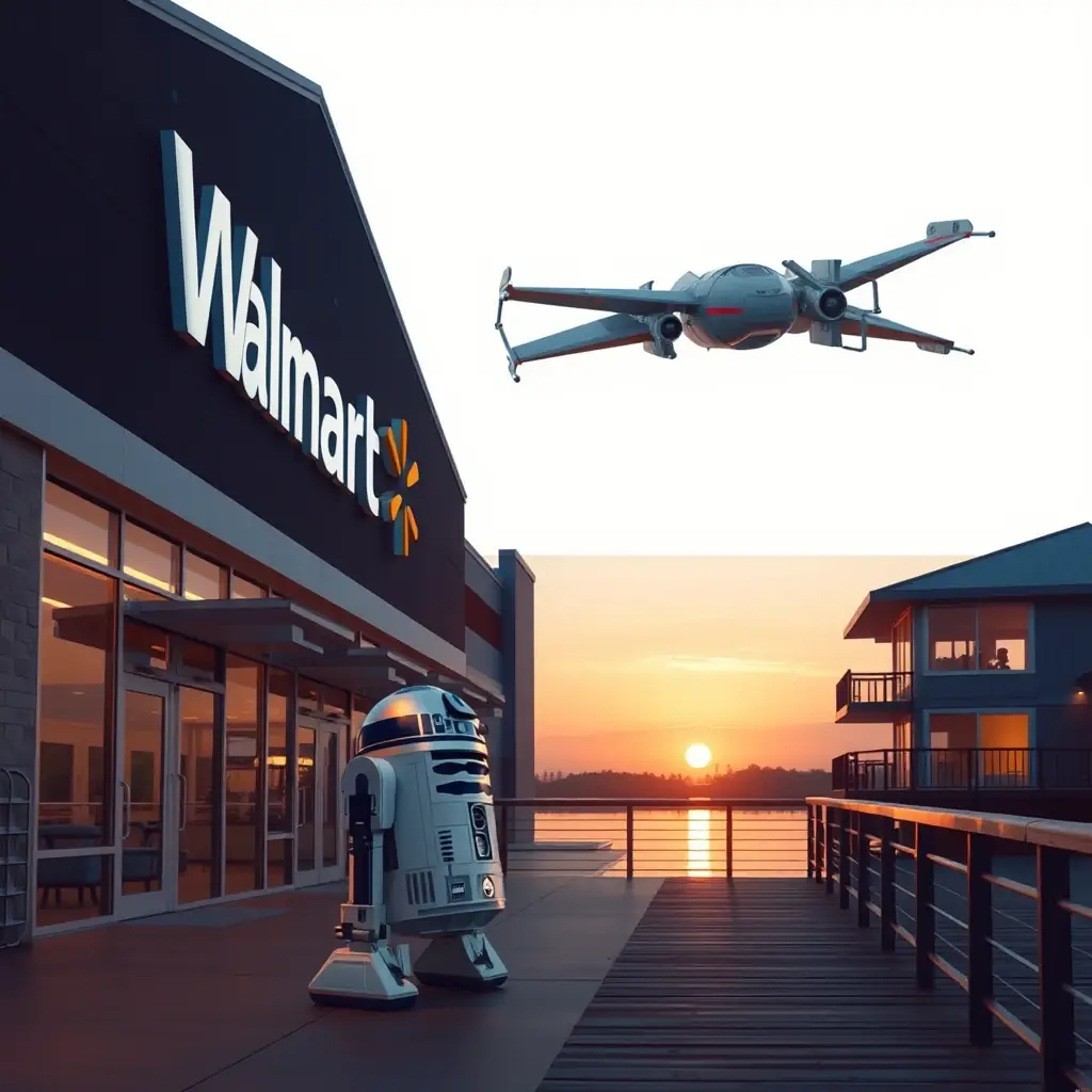 A collage of three images: the Walmart store in Atlanta, Texas, with OmegaQube's R2 unit and an X-Wing fighter subtly integrated into the scene; the 8x8x8 Cube TX Bunker Office with glowing lights emanating from its windows; and a sunset view of the Knights Bluff Lakefront deck.