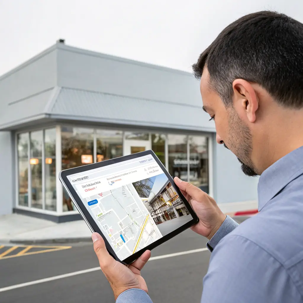 A local business owner happily looking at their phone, seeing their business listed on Google Maps. The scene should convey success and local visibility.