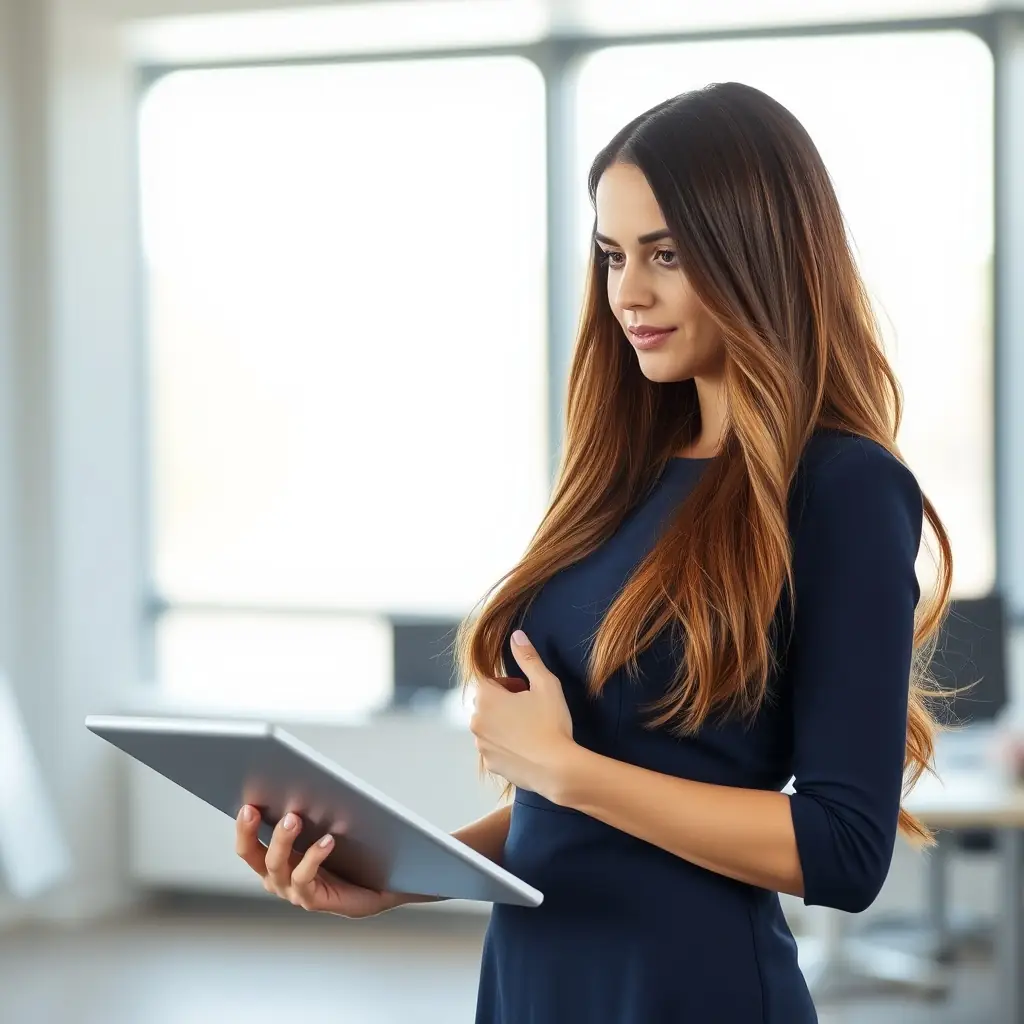 A woman with long brown hair, wearing a stylish dress and a creative expression, holding a tablet.