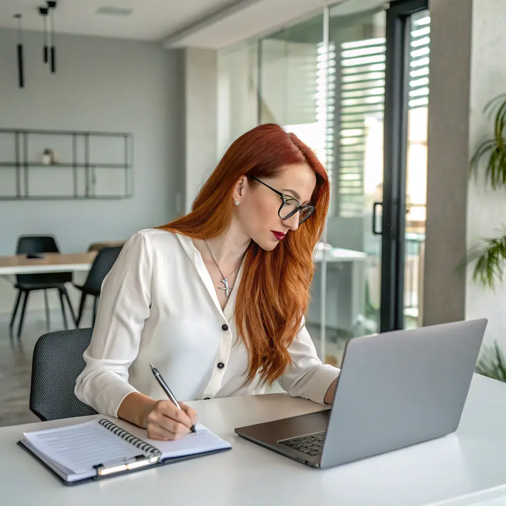 A woman with red hair, wearing a smart casual outfit and a thoughtful expression, writing on a notepad.