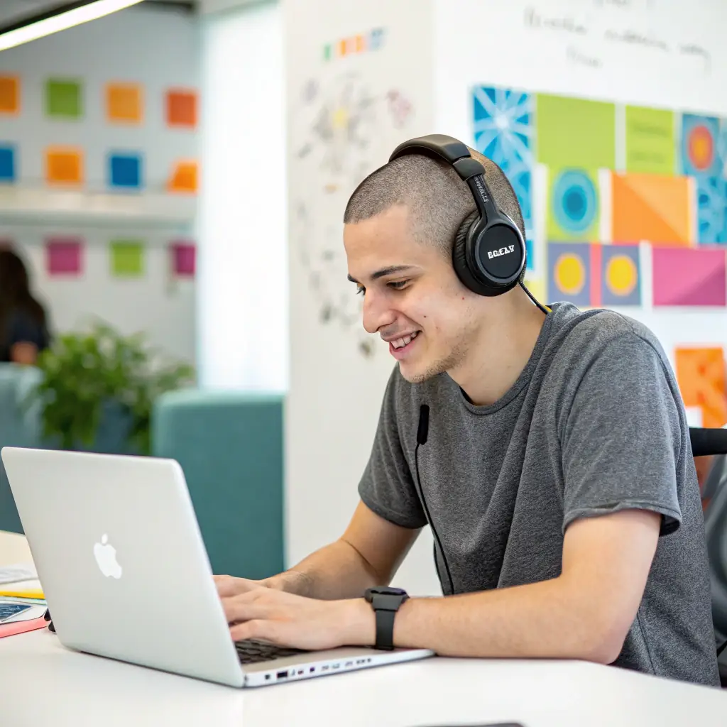 A young man with brown hair, wearing a casual shirt and headphones, working on a laptop.