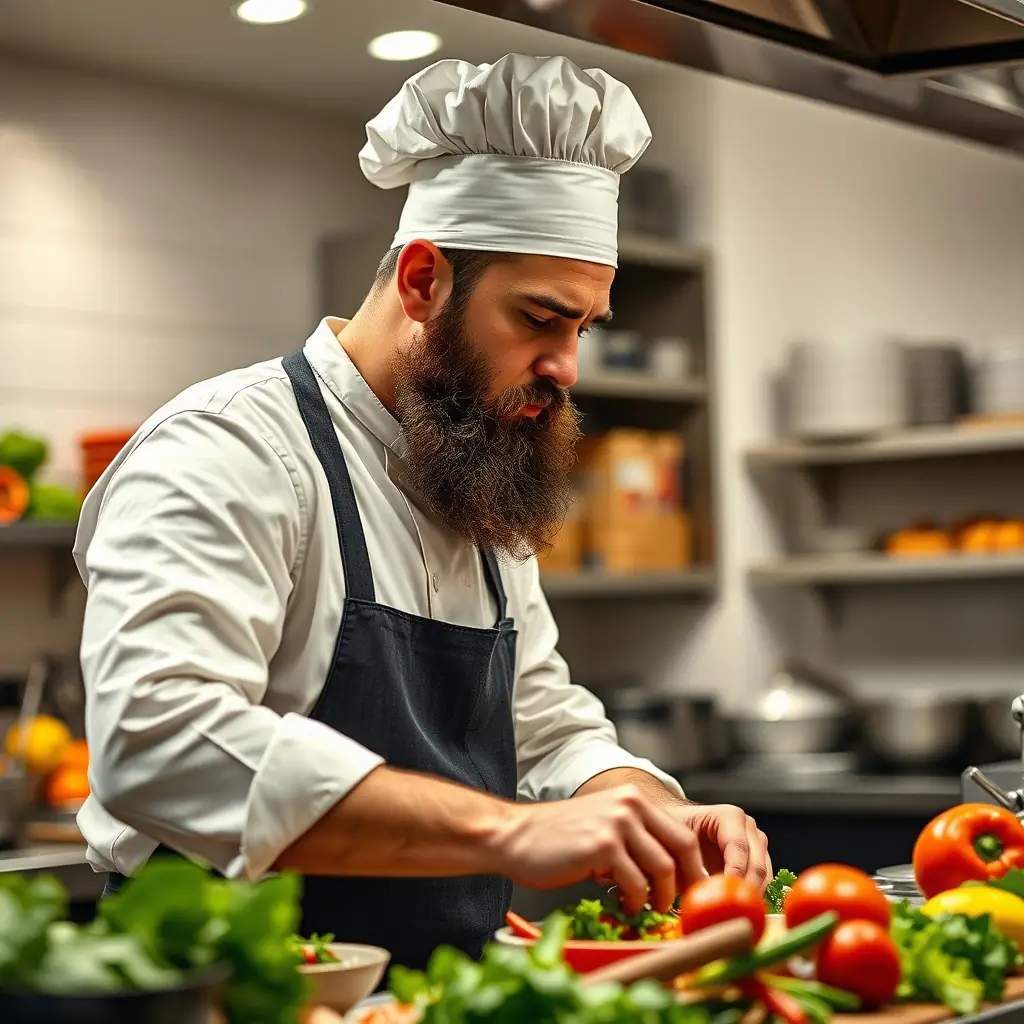 Dmytro is a man with a beard and a chef's hat, wearing a white apron.