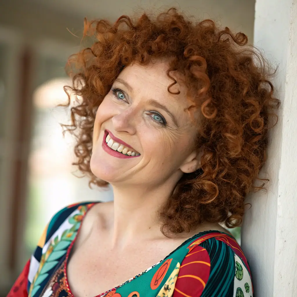 Iryna is a woman with curly red hair, wearing a pink sweater.