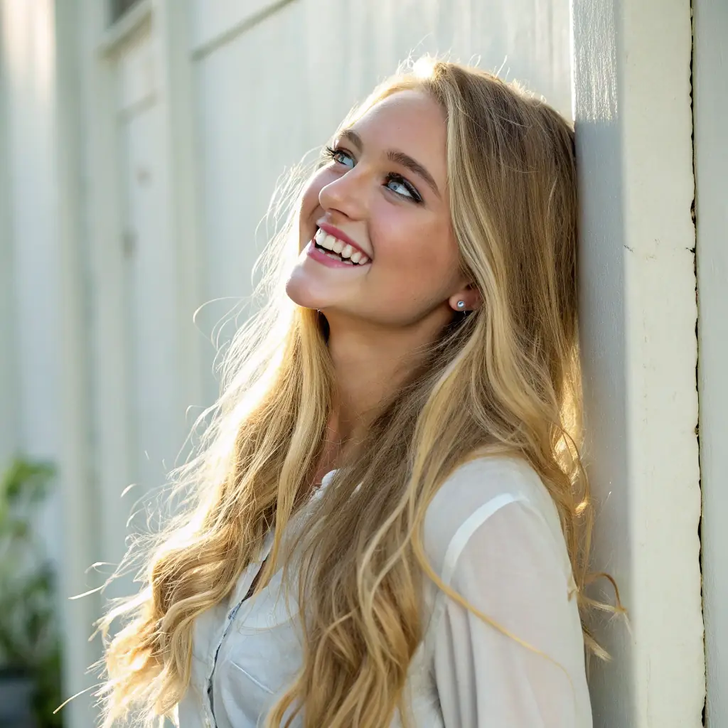 Emily is a young woman with long blonde hair, wearing a purple t-shirt.