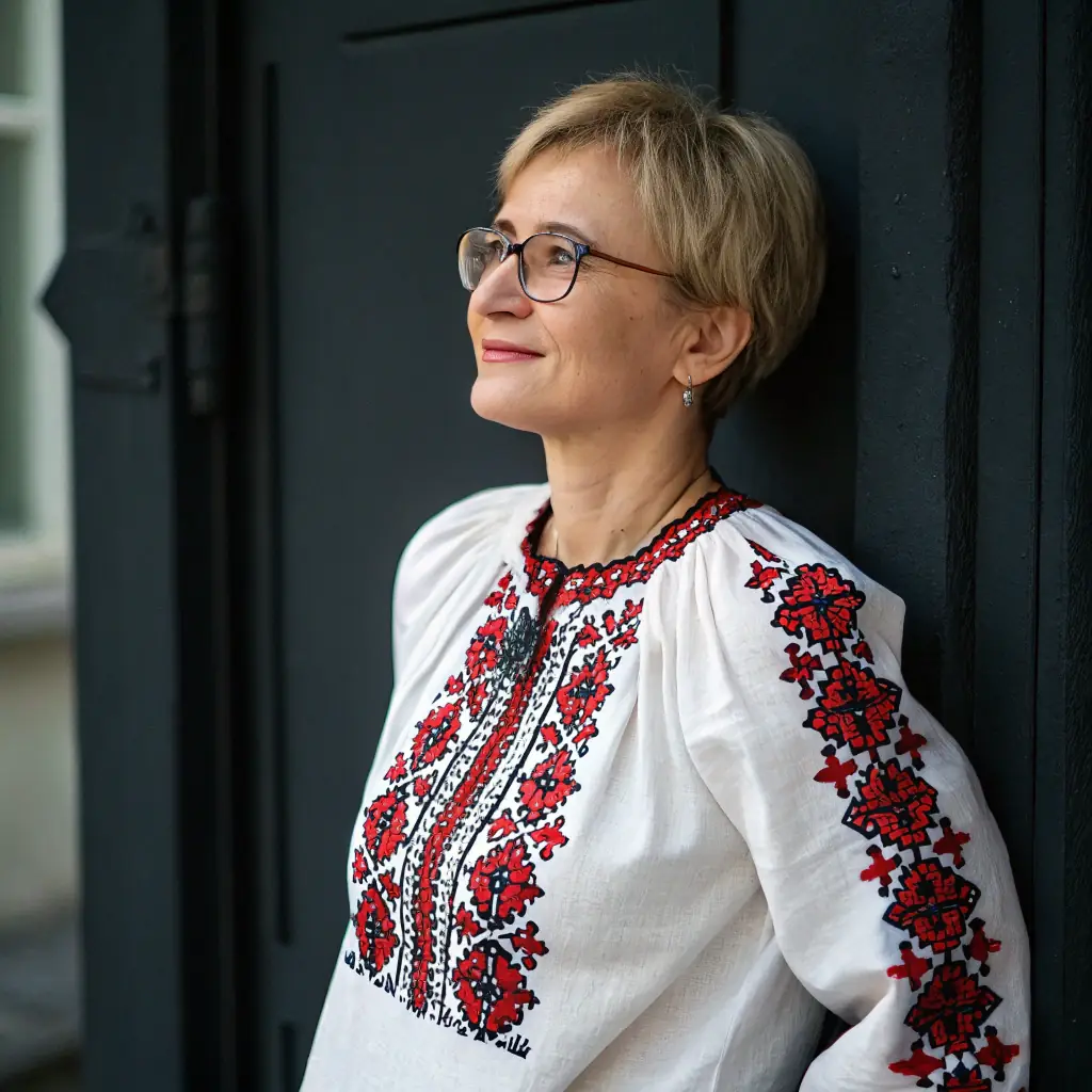 Olena is a woman with short brown hair and a warm smile, wearing a blue blouse.