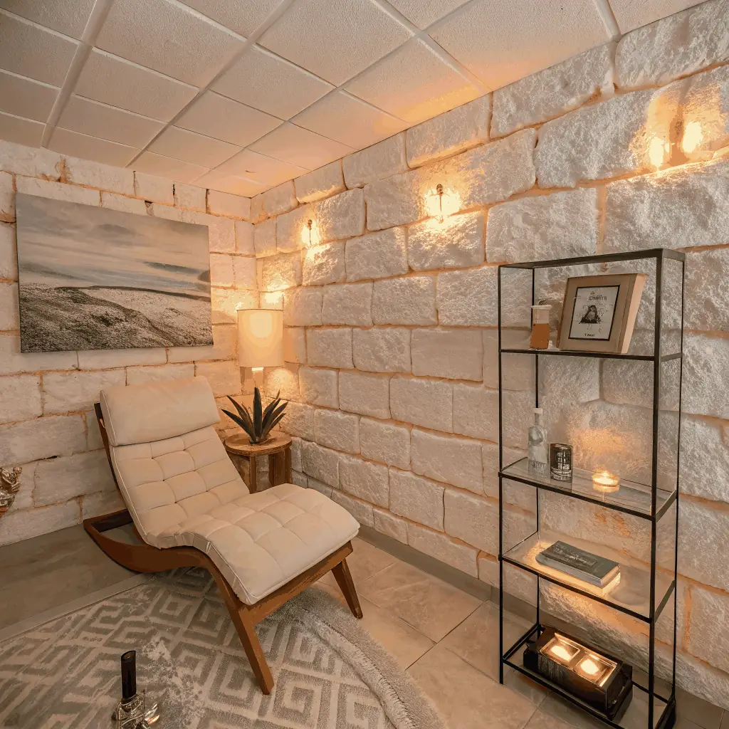 A modern wellness center salt booth with a relaxing interior, showing a person comfortably seated and breathing in a softly lit, tranquil environment, emphasizing health and relaxation benefits.