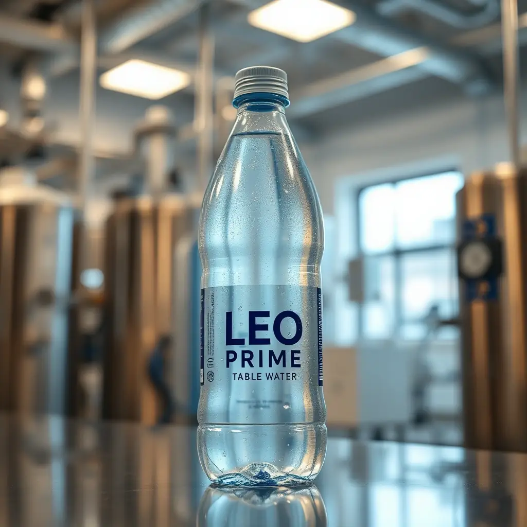 A close-up shot of a bottle of LEO PRIME TABLE WATER, condensation visible, with a blurred background of a modern, clean production facility.