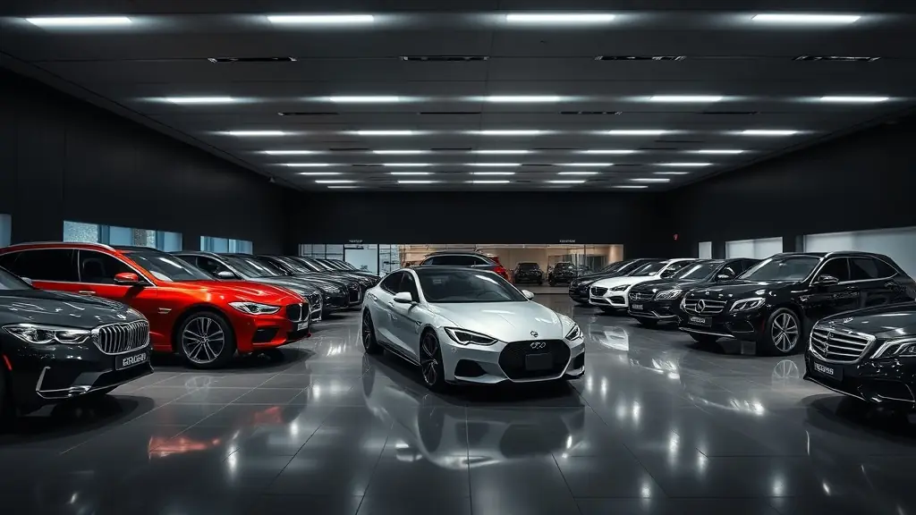 A modern car showroom with several luxury cars on display.