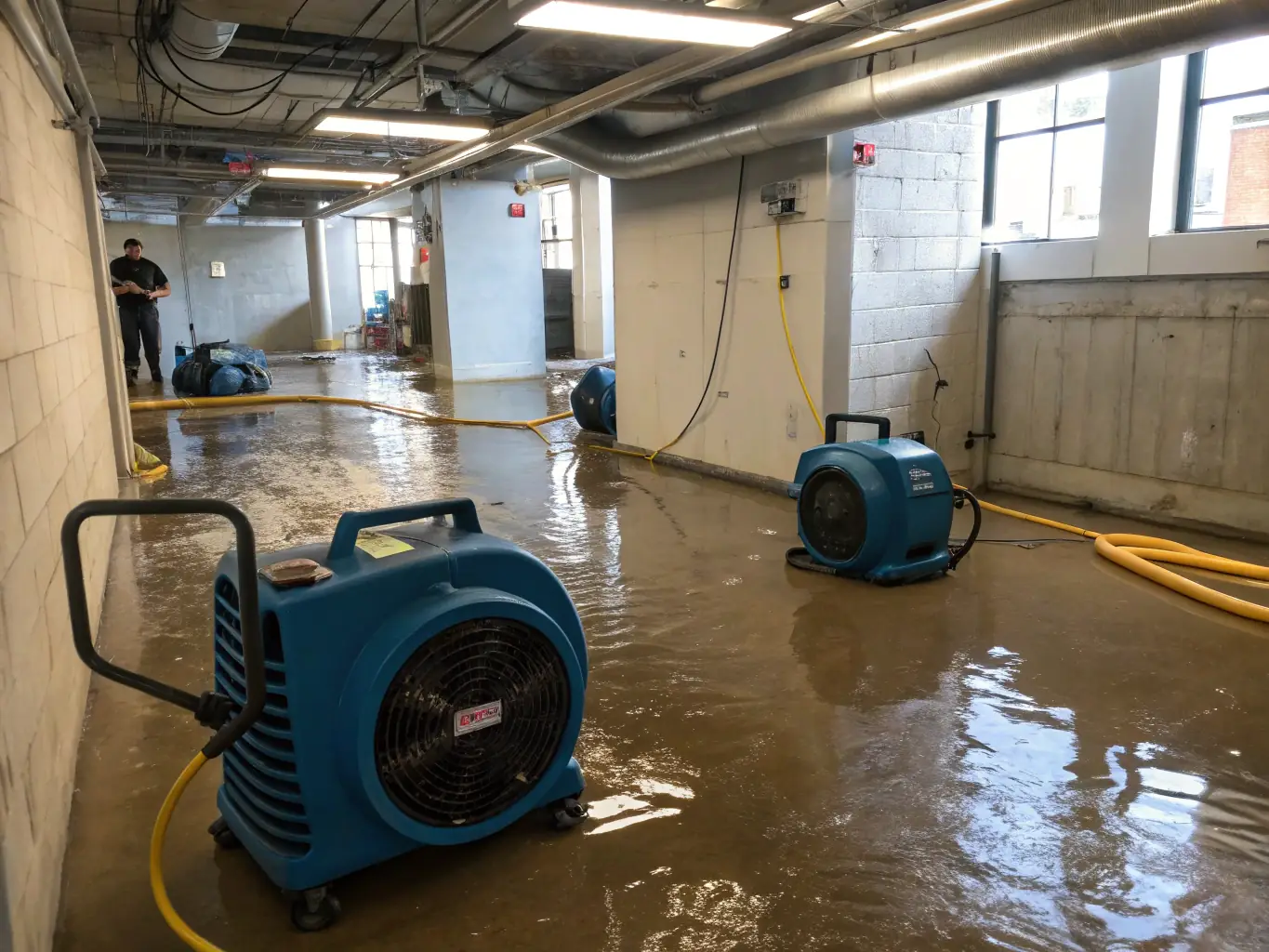 A flooded basement in a home in Ada, MI, with restoration workers removing water and damaged items.