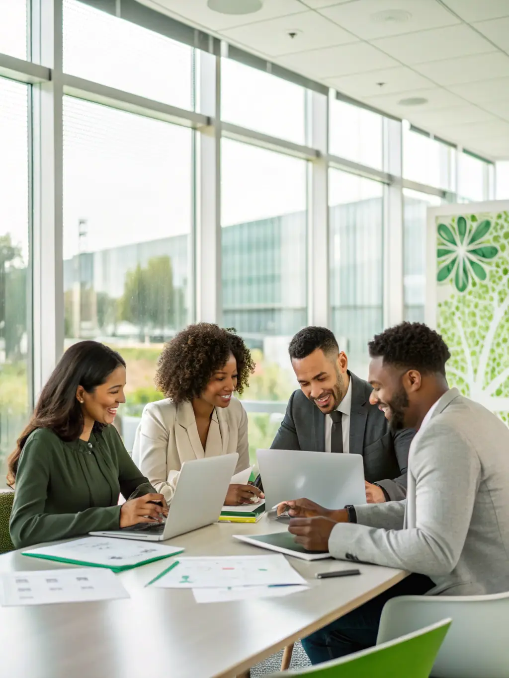 A clean, professional photo of a B2B sales team in a meeting, with a digital data dashboard visible on a screen, conveying collaboration and analytics.