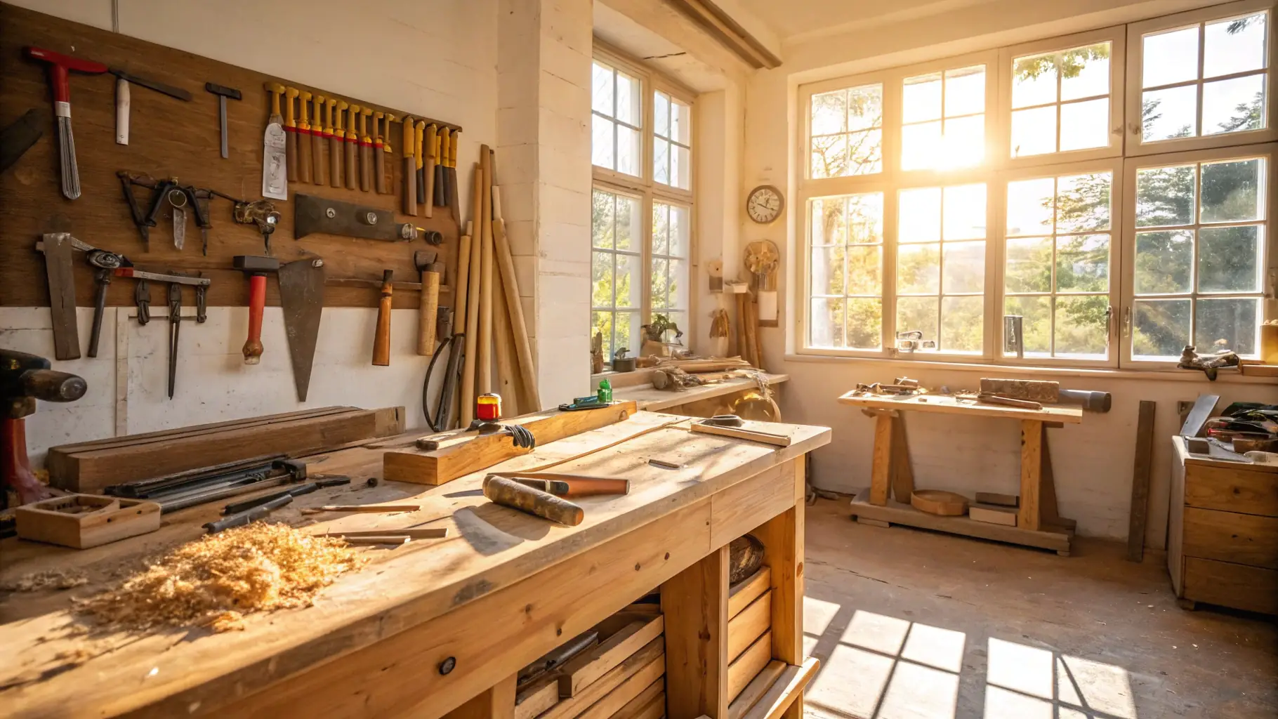A professional photograph of Design Spot's workshop, showcasing tools, wood, and a piece of custom furniture in progress.