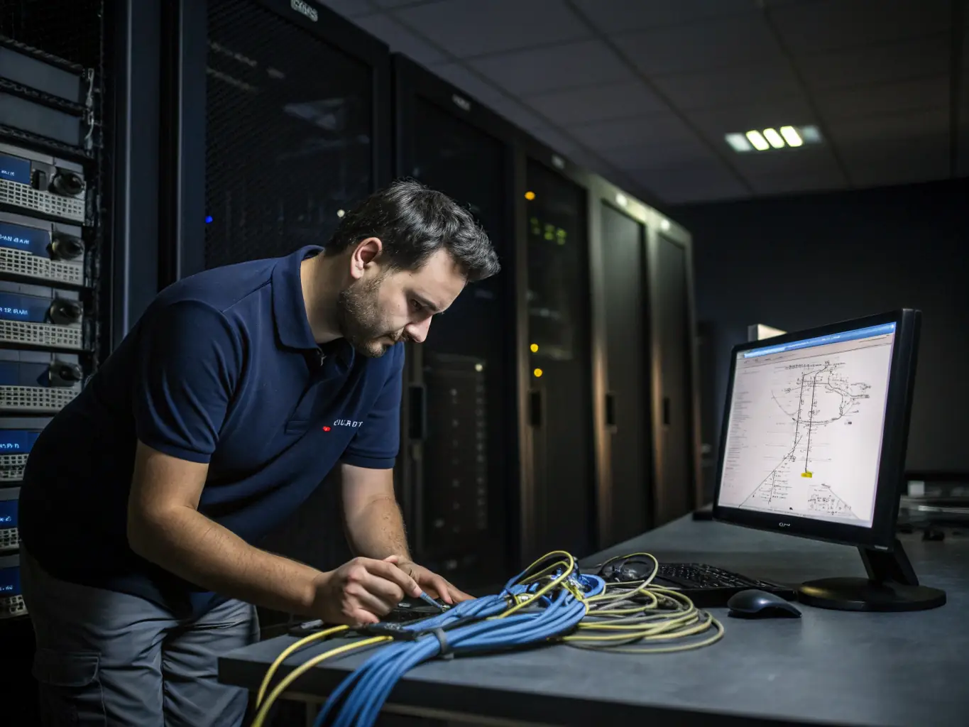 A technician working diligently on telecommunications equipment, symbolizing ongoing improvements and maintenance of AirPBX services. The image should convey reliability and professionalism.
