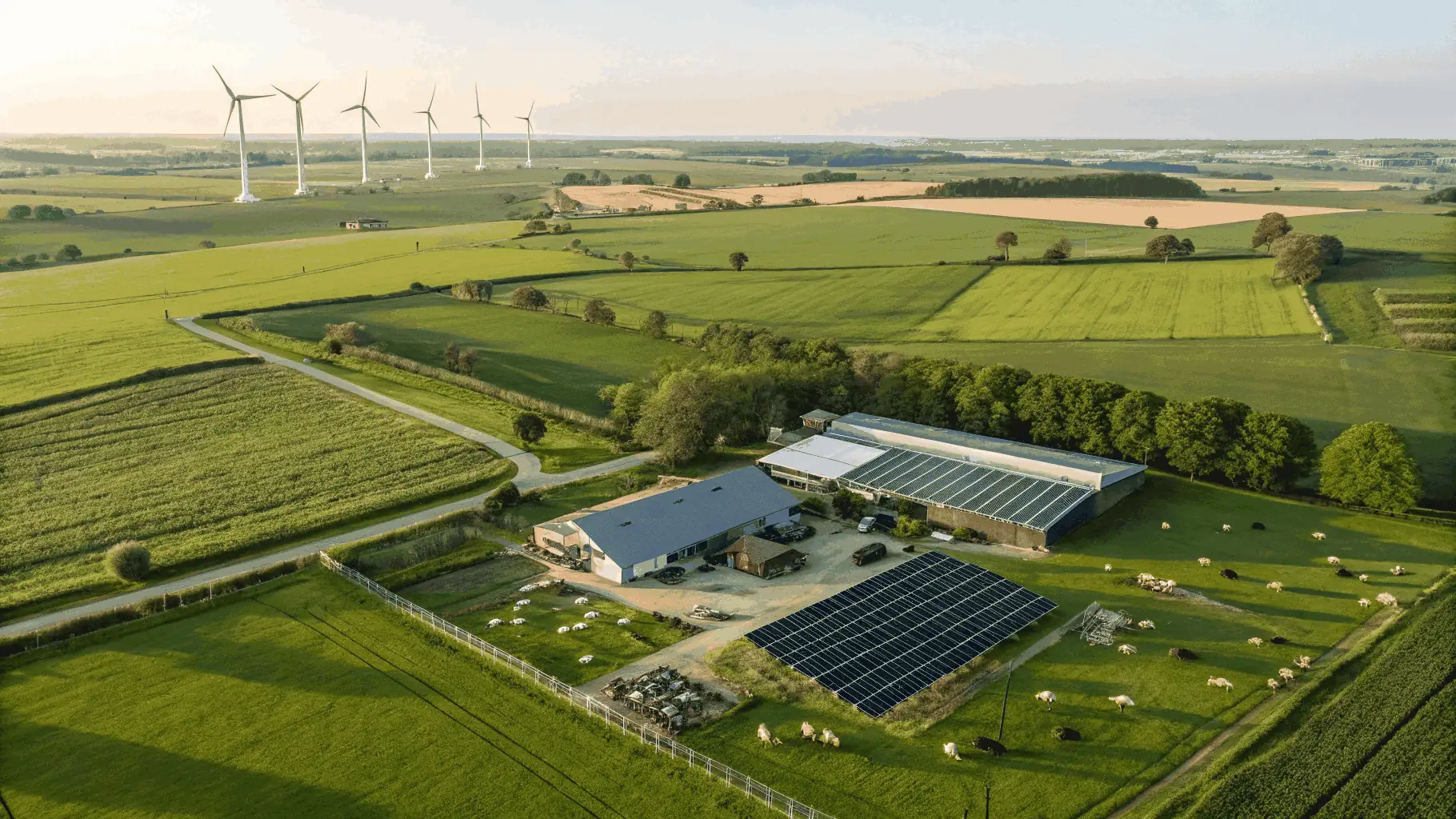 A professional image of a modern, eco-friendly agricultural facility with renewable energy infrastructure, symbolizing compliance and sustainable practices.