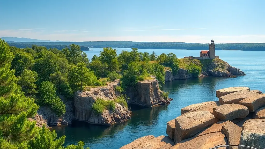 A panoramic view of Knights Bluff, showcasing the lake and surrounding landscape, with a focus on the natural beauty and historical significance of the area.