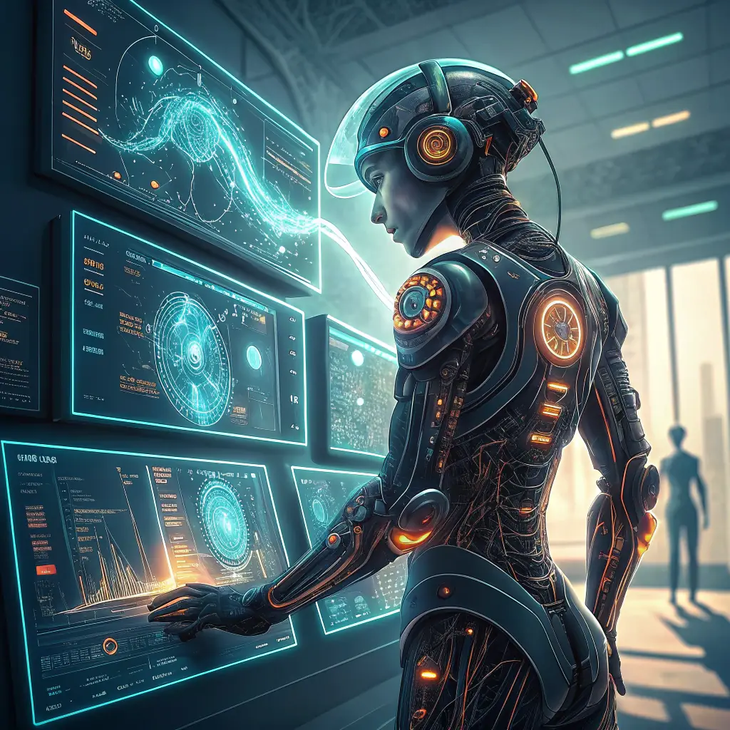 A futuristic image depicting an AI agent managing complex tasks in a data center, symbolizing the proactive and intelligent nature of agentic AI.
