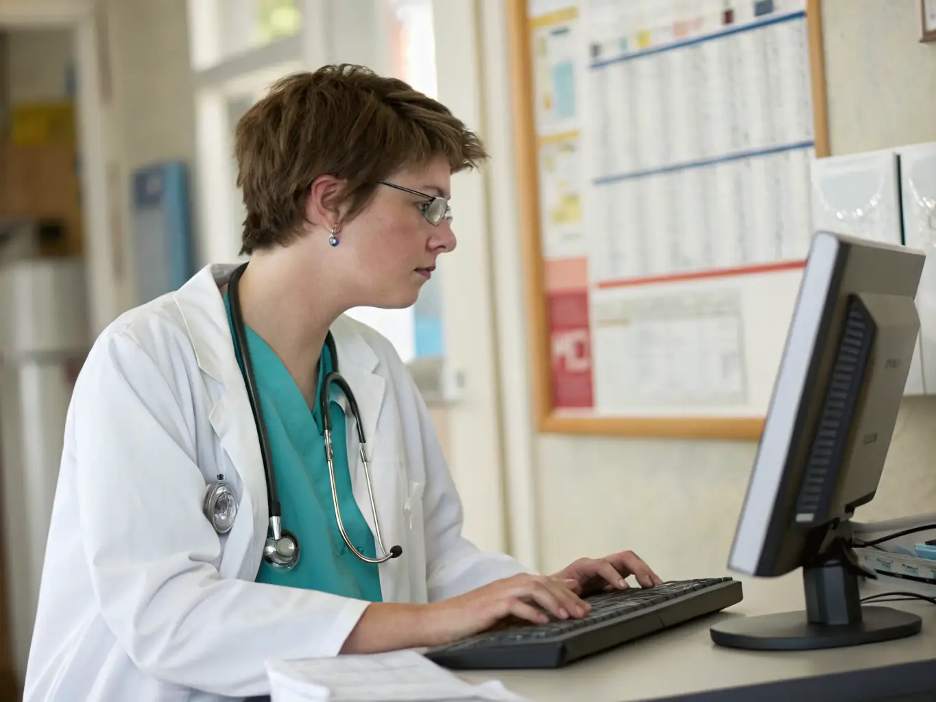 A digital illustration depicting a doctor filling out a detailed medical form on a tablet, with a patient's chart visible in the background, symbolizing the completion of a referral form.