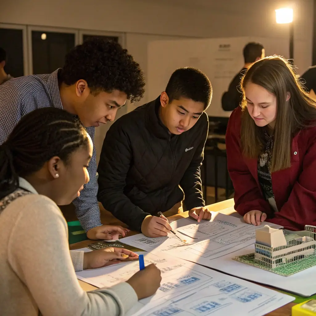 A close-up shot of student builders collaborating on a project, showcasing their skills and dedication to creating housing solutions, set in an urban environment with construction materials visible.