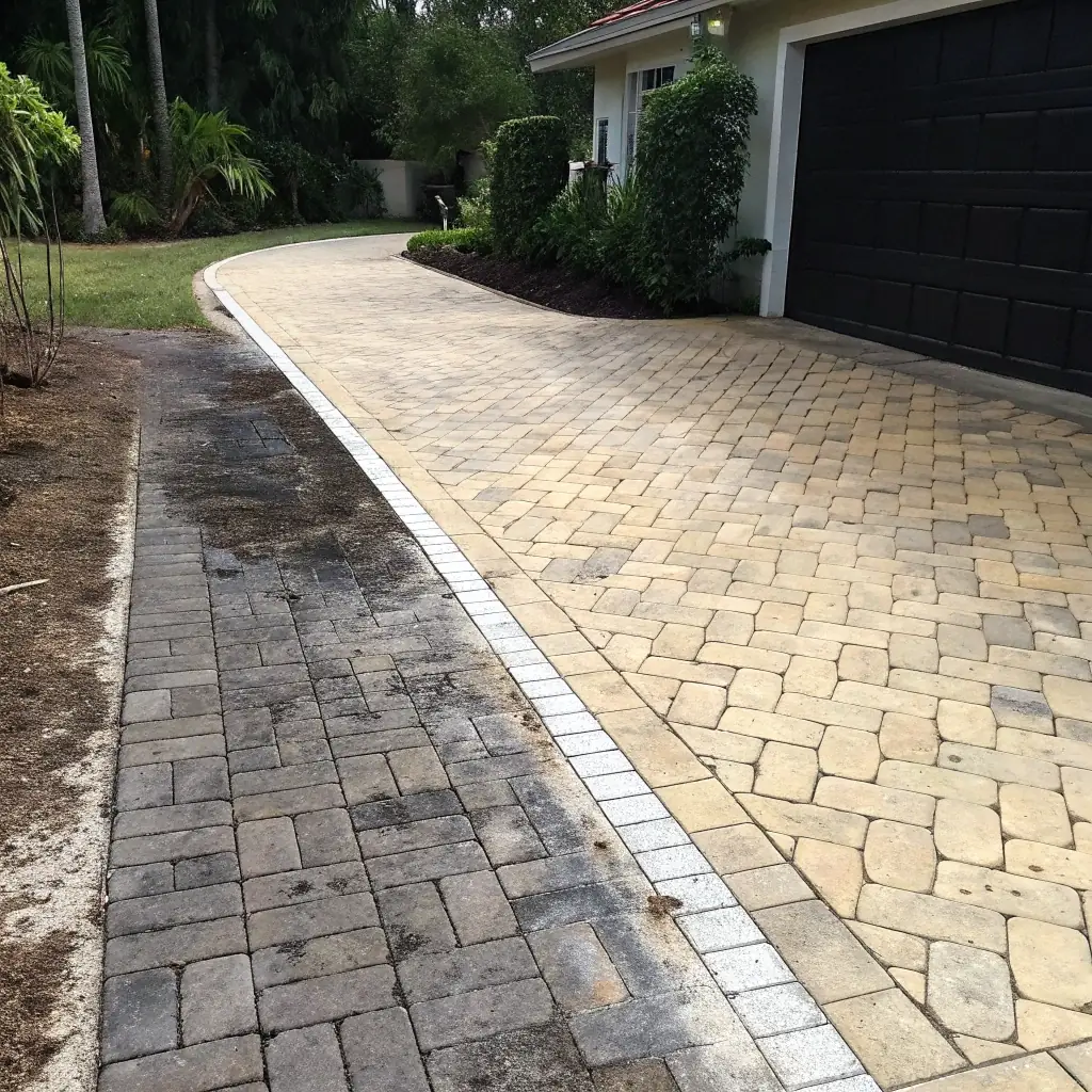 A before-and-after shot of a driveway cleaning project, showcasing the dramatic difference Jet Wash Innovations can make. The 'before' side is visibly dirty and stained, while the 'after' side is clean and bright.