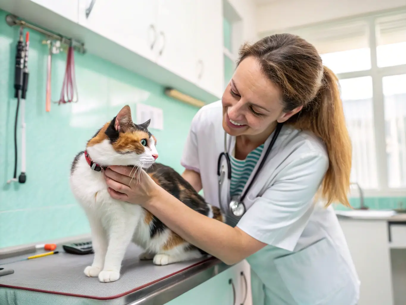 A serene image of a veterinarian gently examining a cat, highlighting the health benefits and responsible pet ownership associated with sterilization.