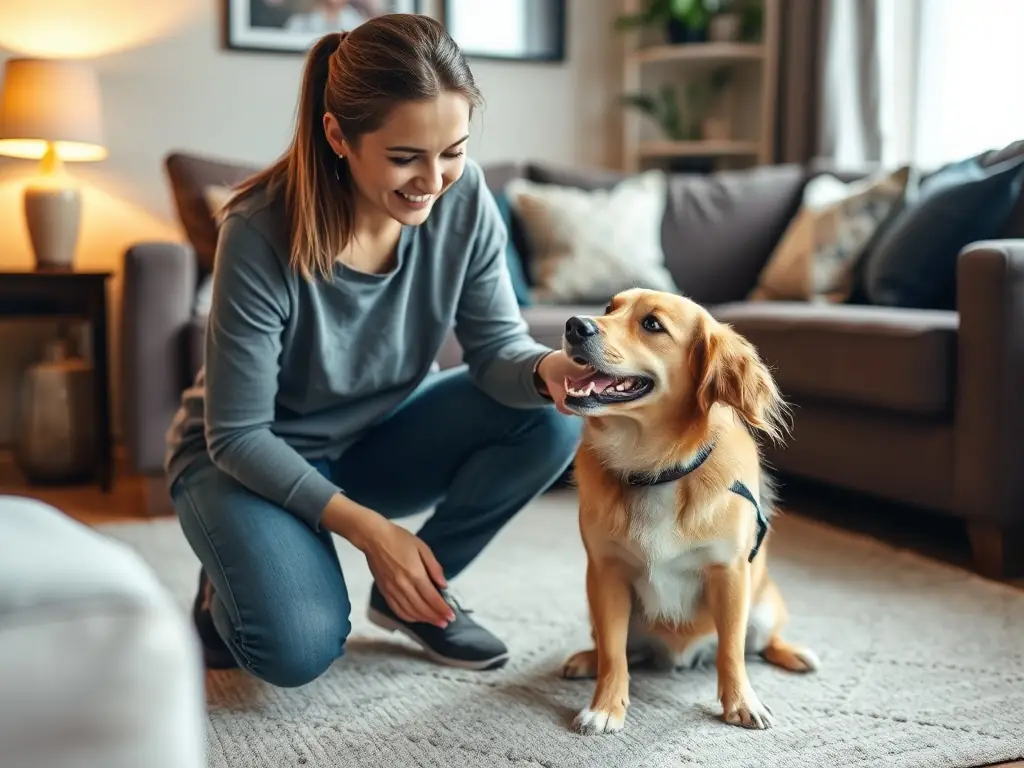 A heartwarming photograph of a person gently petting a rescued dog in a bright, loving home environment, symbolizing the joy and companionship that adoption brings.