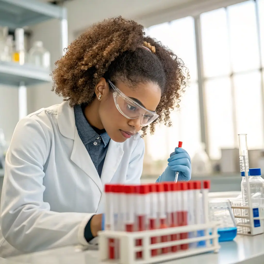A chemist working in a lab, analyzing a chemical formulation with sophisticated equipment. The image should convey precision and expertise.