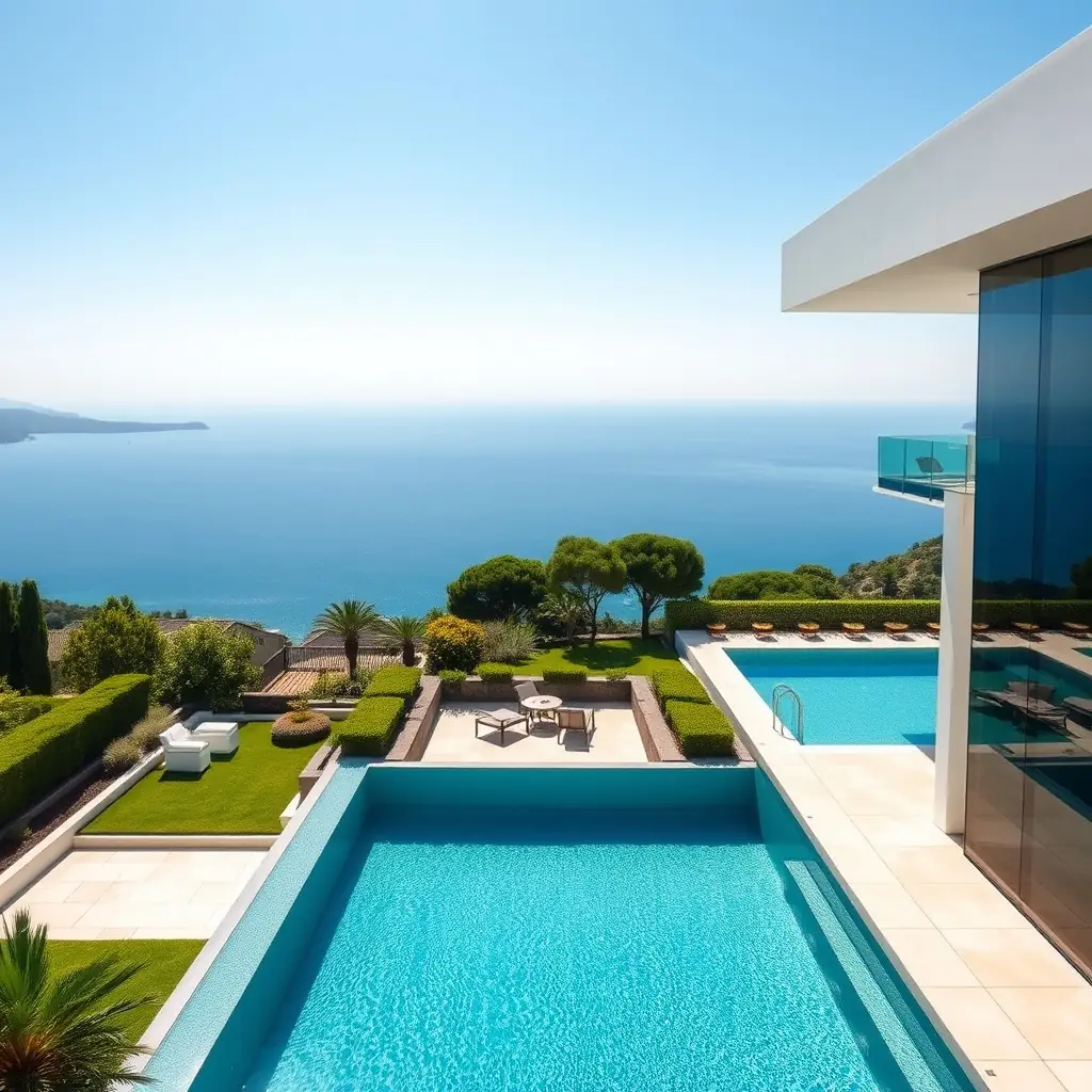 A luxurious villa in Côte d'Azur surrounded by greenery and the Mediterranean Sea.