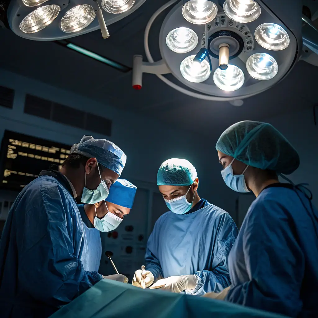 Surgeon performing a general surgery operation in a modern operating room.