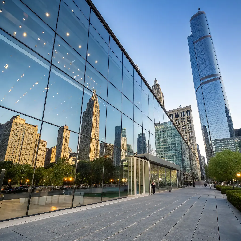A modern office building with the Junico logo subtly displayed, representing the company's investment in real estate and infrastructure. The image should convey stability, growth, and a forward-thinking approach.
