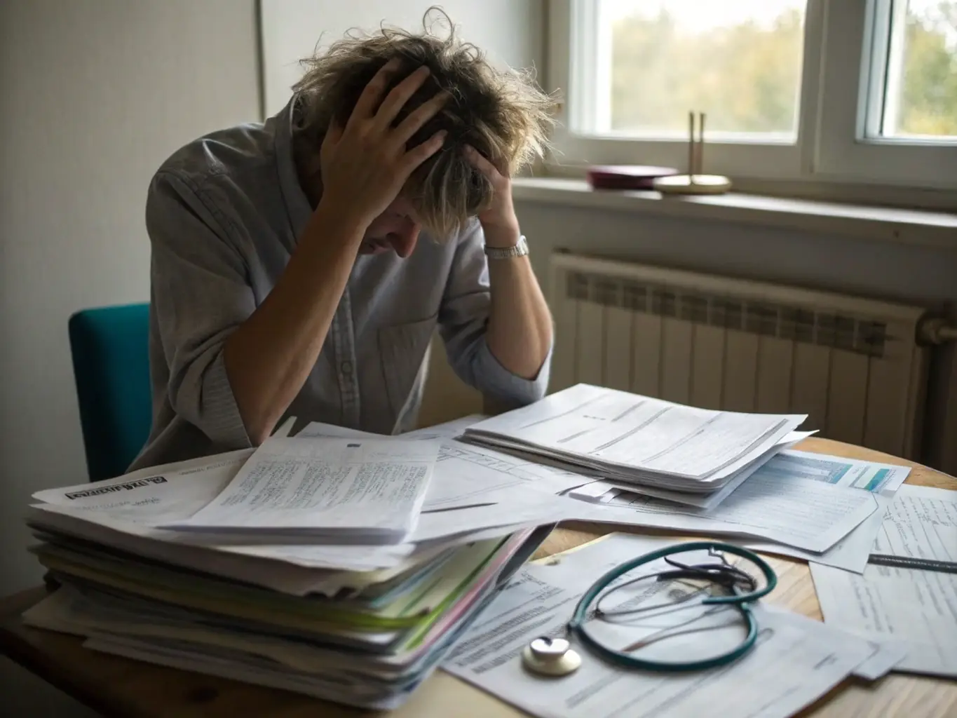 A person sitting at a desk, looking stressed while surrounded by paperwork related to Social Security Disability Help.