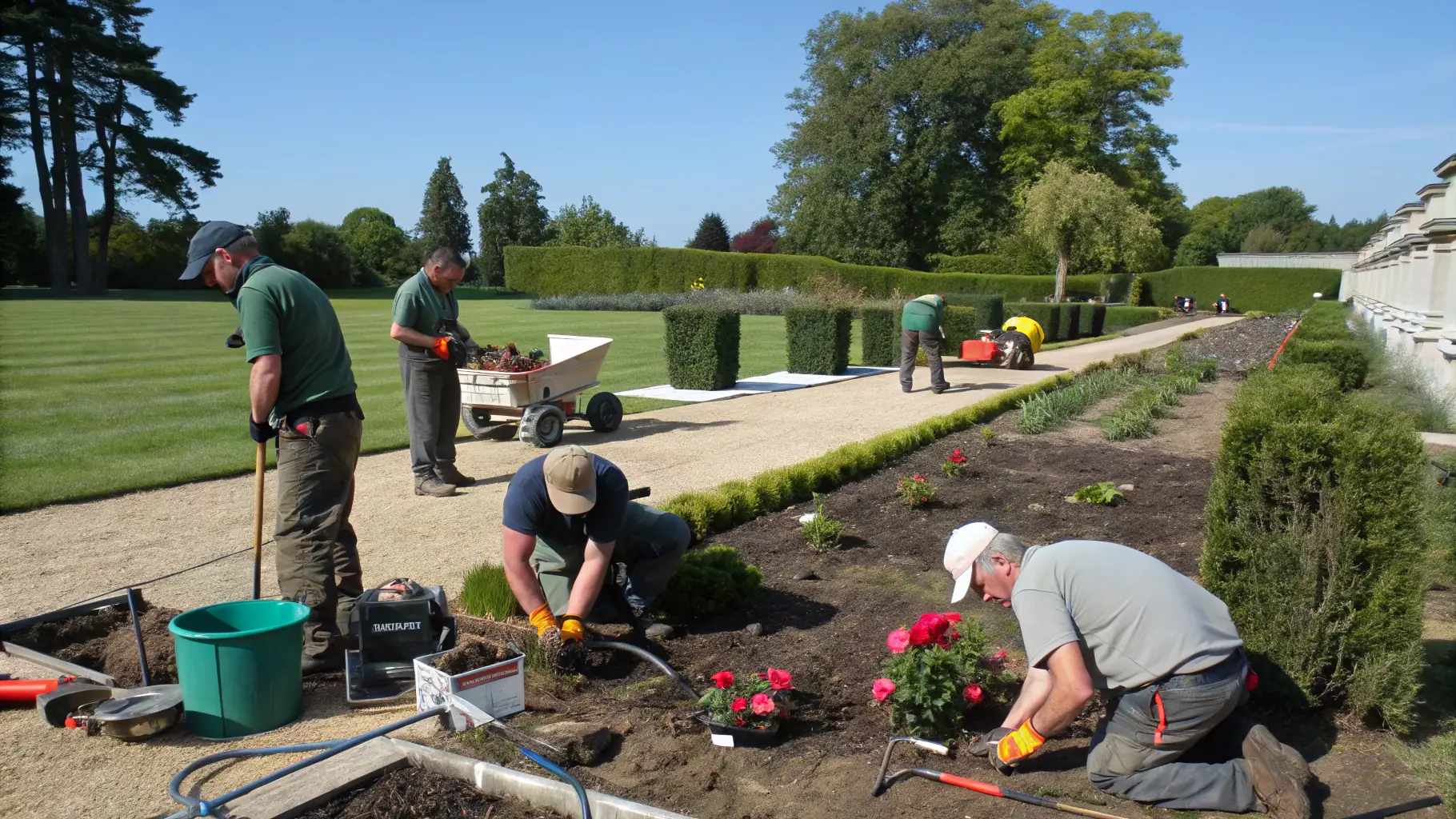 A group of Regal Outdoor Living employees smiling and working together on a landscaping project.