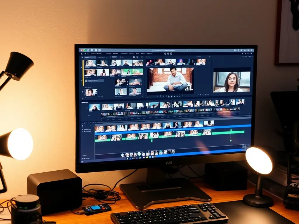 Tworzenie reklam video – ekran z linią montażową, mikrofon i kamera gotowe do realizacji filmu promocyjnego