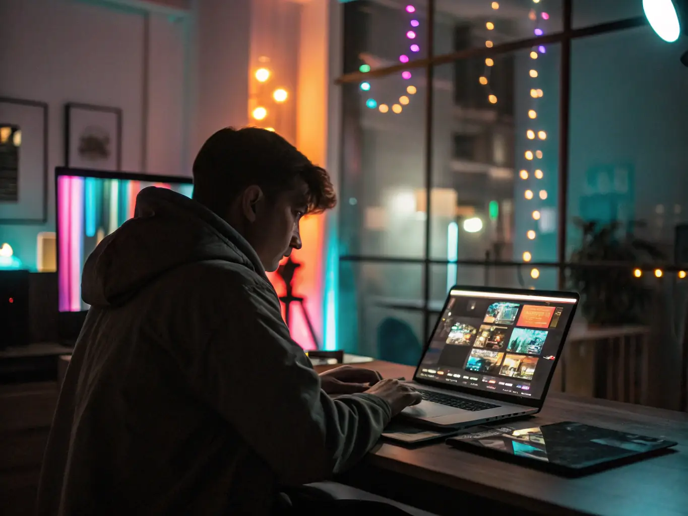 Tworzenie reklam video – osoba montująca film reklamowy na laptopie z podglądem rolek i interfejsem edycji w tle