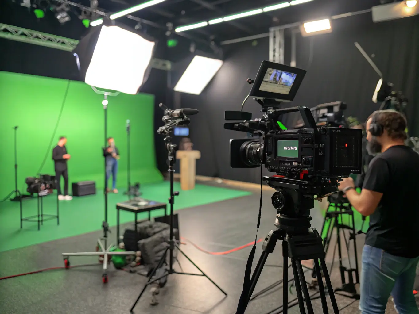 Tworzenie reklam video – profesjonalny plan zdjęciowy z kamerami, oświetleniem i green screenem podczas nagrania