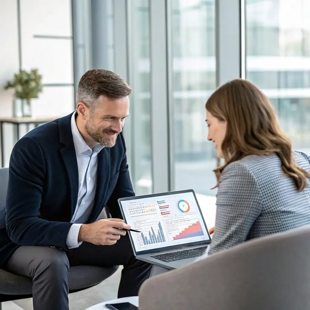 A professional consultant in a modern office setting, reviewing growth strategy documents with a client, both smiling and engaged in a collaborative discussion.