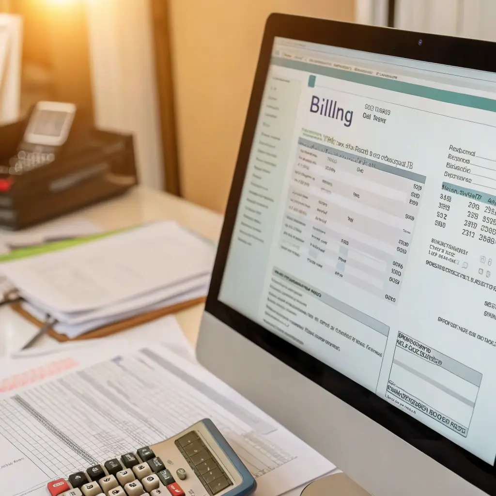 A secure digital interface displaying encrypted medical billing data, emphasizing HIPAA compliance and data protection within a modern medical billing office setting.