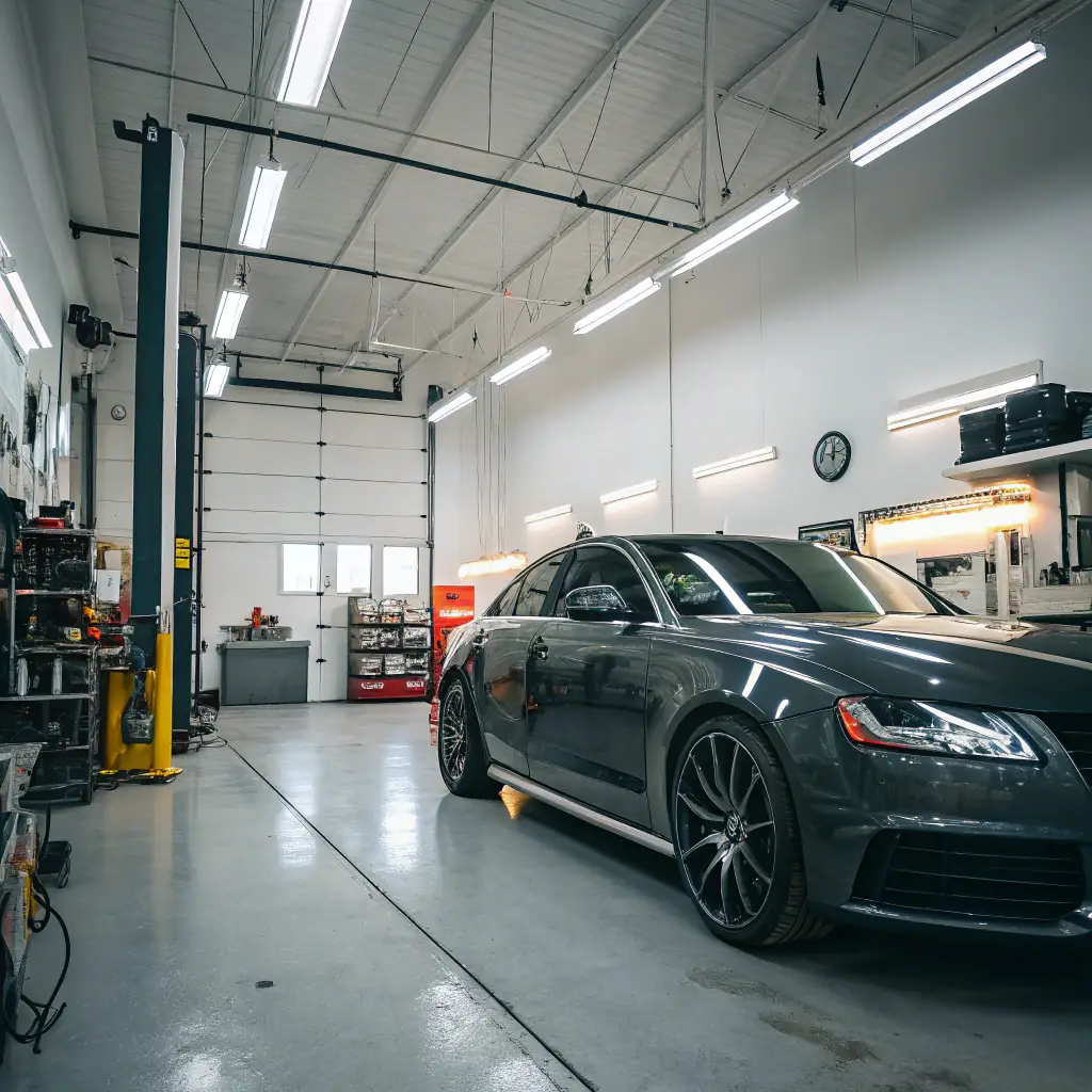 A sleek, high-end sports car undergoing a paint correction service at The LAB, showcasing the precision and care taken by technicians.
